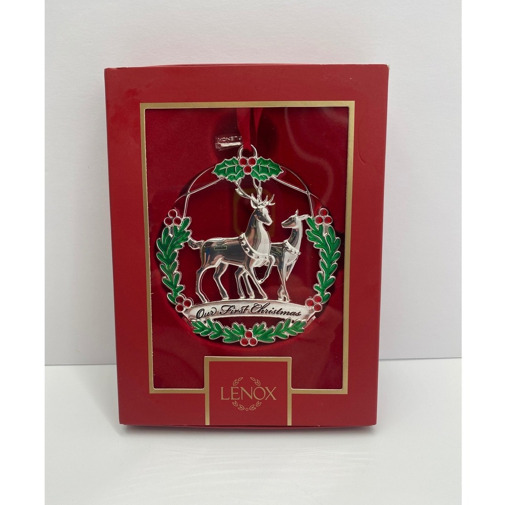 Lenox 2023 Our 1st Christmas Deer Ornament Silver Plated Reindeer Wreath 894470
